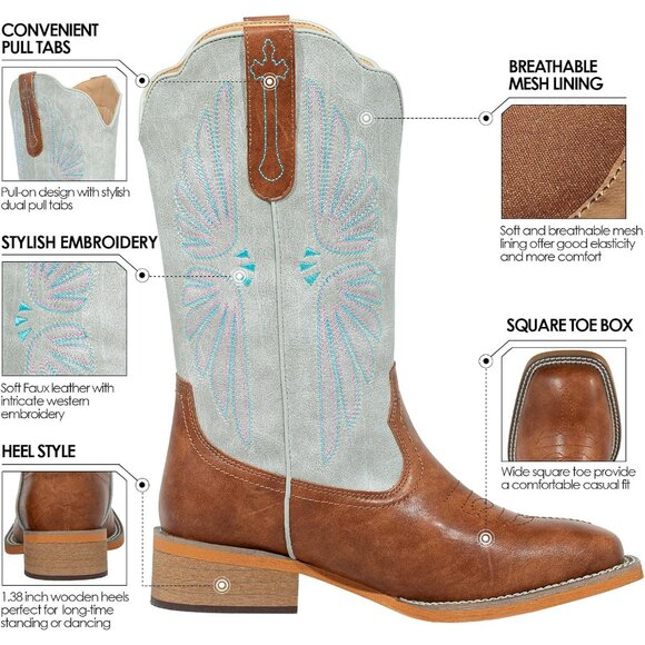 SheSole Western Boots Women Tan Faux Leather Square Toe Wide Mid Calf - Picture 3 of 9